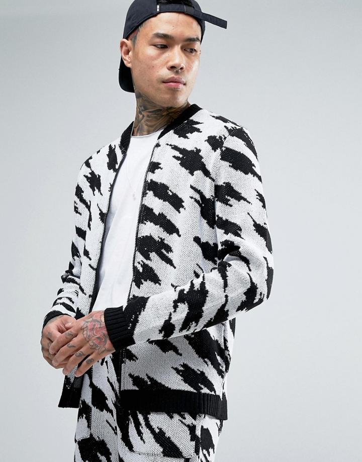 Asos Knitted Bomber In Houndstooth Design - Black
