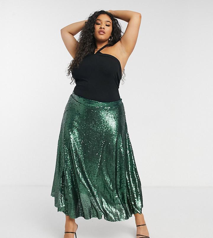 Native Youth Plus A Line Midi Skirt In Green Sequin
