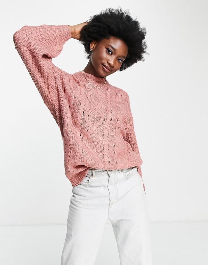 Brave Soul Tokyo Oversized Cozy Cableknit Sweater-pink