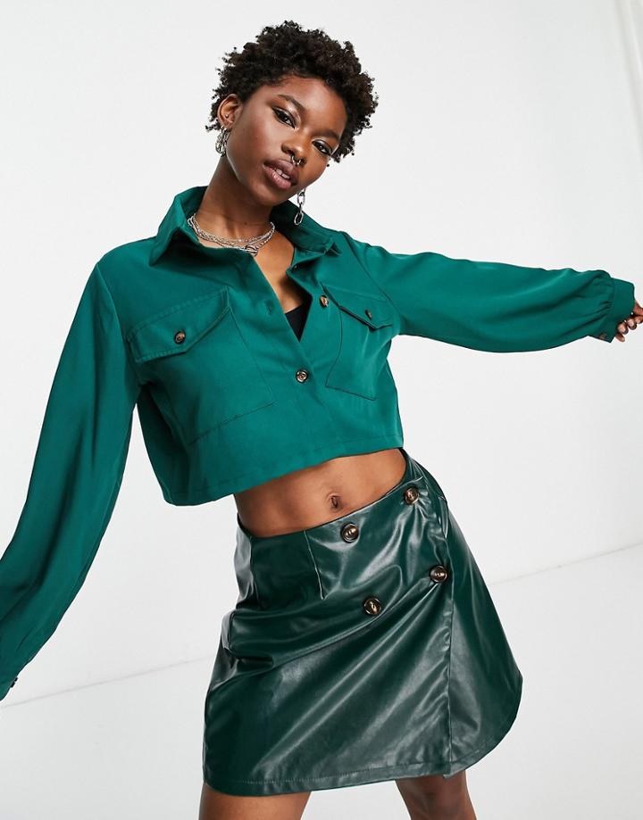 Heartbreak Pocket Cropped Shirt In Teal - Part Of A Set-green