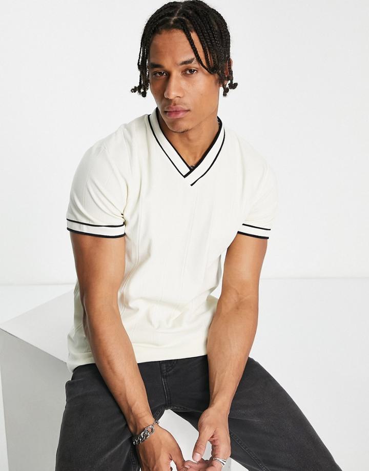 Asos Design Smart Rib V-neck T-shirt In Cream With Contrast Tipping-neutral