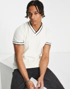 Asos Design Smart Rib V-neck T-shirt In Cream With Contrast Tipping-neutral