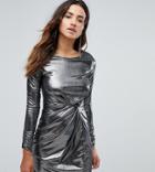 Miss Selfridge Knot Front Foil Mini Dress-silver