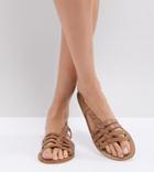 Asos Flattered Leather Plaited T-bar Flat Sandals - Tan