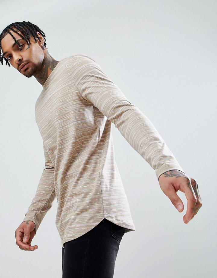Asos Longline Long Sleeve T-shirt With Curve Hem In Beige Inject - Beige