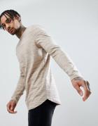 Asos Longline Long Sleeve T-shirt With Curve Hem In Beige Inject - Beige