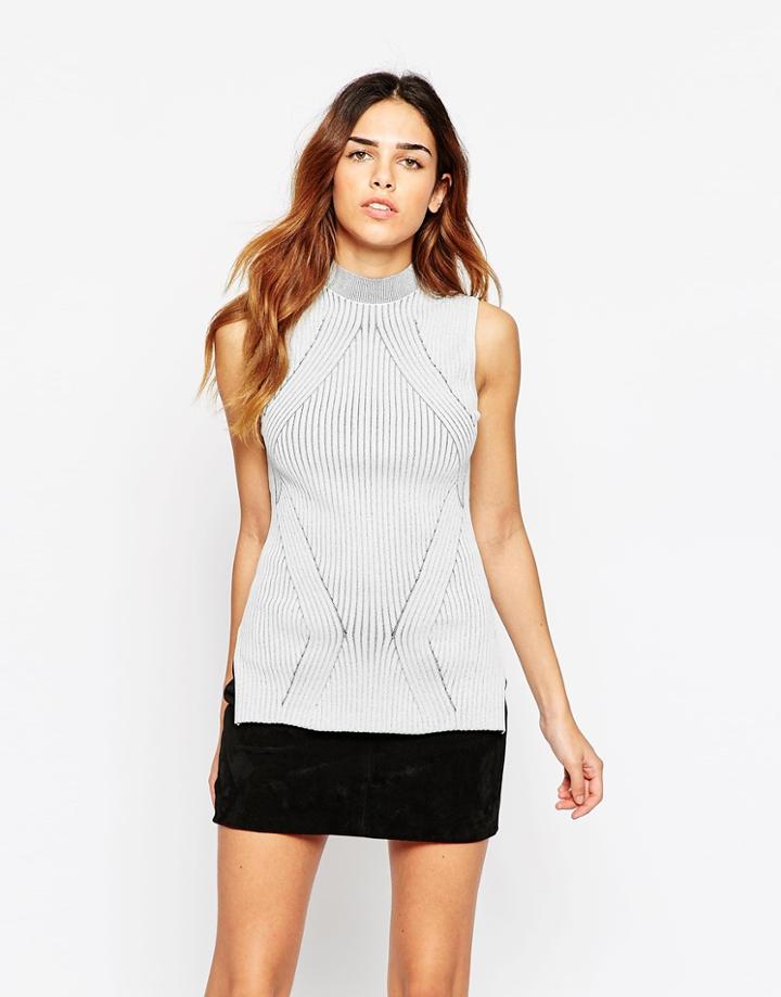 Asos Sleeveless Top With Turtleneck In Directional Rib - Gray