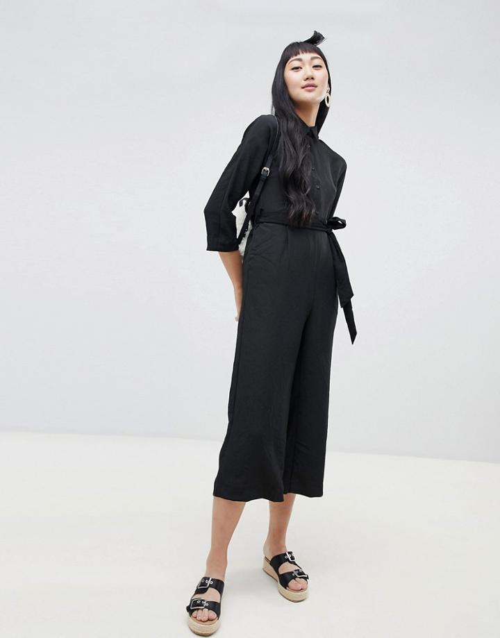 Monki Tie Waist Jumpsuit In Black - Black