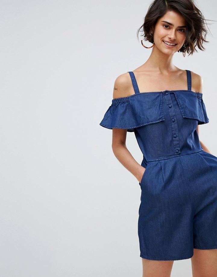 Warehouse Ruffle Cold Shoulder Romper - Blue