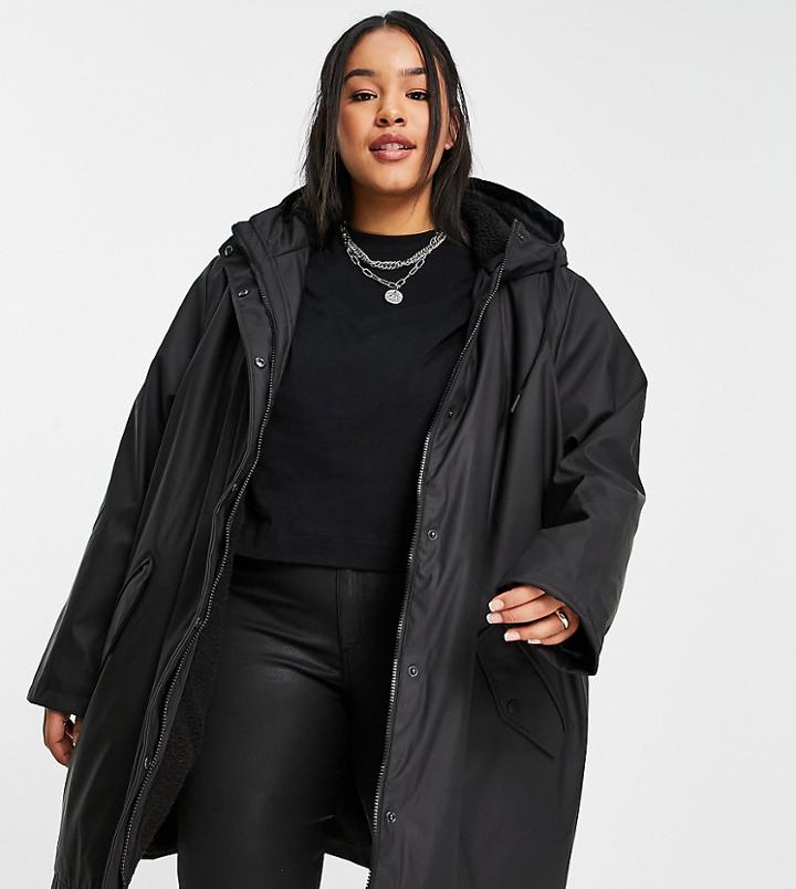 Only Curve Coated Rain Jacket With Sherpa Lining In Black