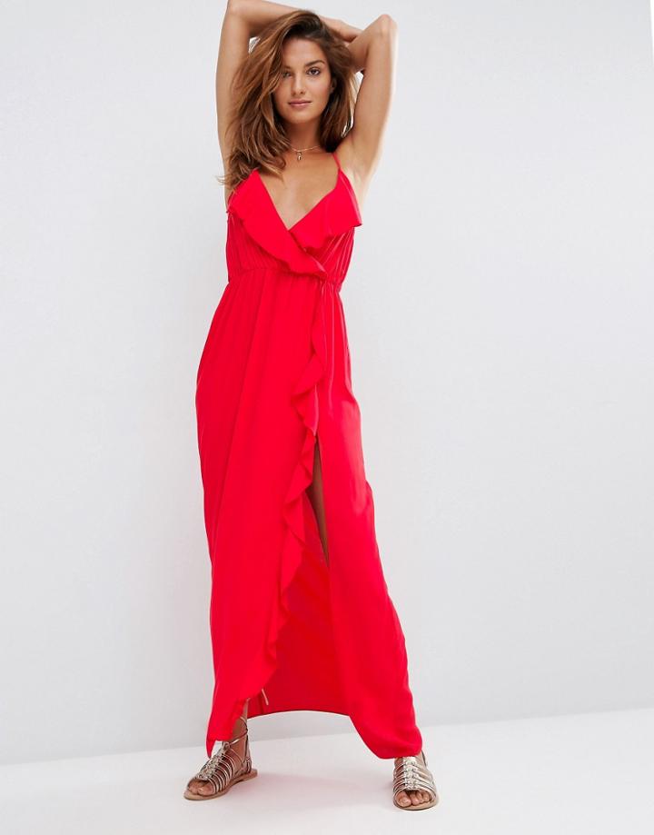 Asos Wrap Front Frill Maxi Beach Dress - Red