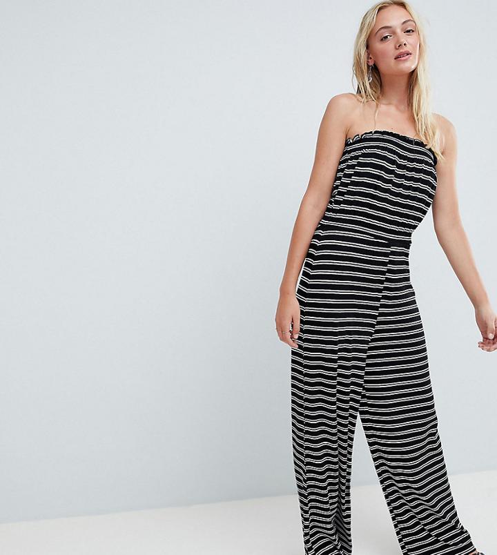 Asos Design Tall Bandeau Jersey Jumpsuit With Wide Leg In Stripe Print - Black