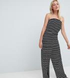 Asos Design Tall Bandeau Jersey Jumpsuit With Wide Leg In Stripe Print - Black