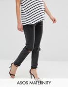 Asos Maternity Farleigh Slim Mom Jean In Lulu Washed Black With Busted Knee With Under The Bump Waistband - Black