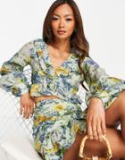 Asos Design Lowcut Printed Top With Blouson Sleeve And Frill Detail - Part Of A Set-multi