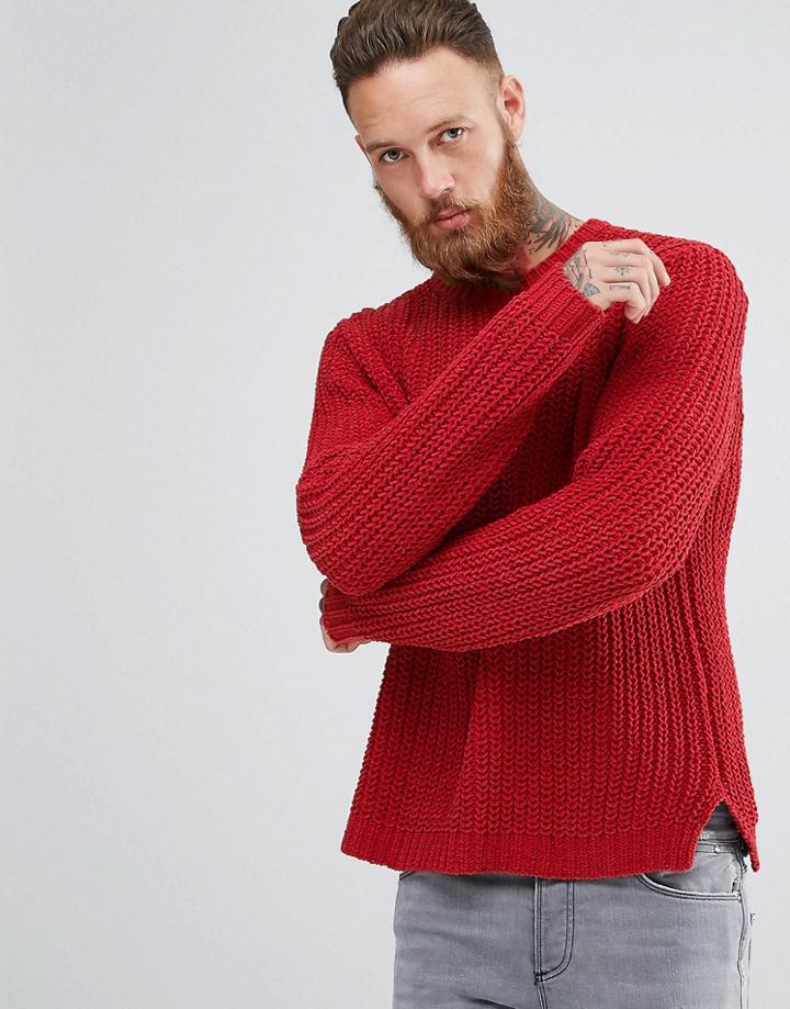 Asos Textured Chenille Sweater In Burnt Orange With Side Splits - Orange
