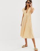 Asos Design Button Through Open Back Midi Dress With Pockets In Stripe - Multi