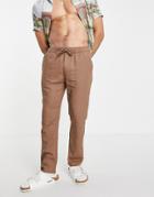 Asos Design Linen Mix Slim Pants With Elasticized Waist In Brown - Part Of A Set
