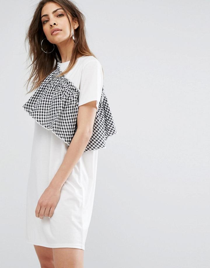 Daisy Street T-shirt Dress With Gingham Ruffle - White