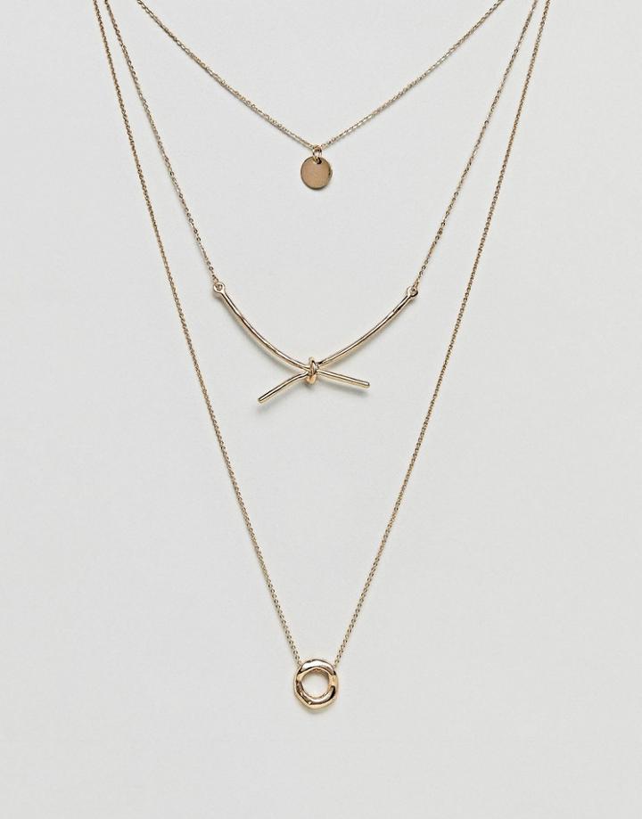 Asos Disc And Knot Bar Multirow Necklace - Gold
