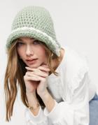Asos Design Crochet Knitted Bucket Hat In Sage And Cream-multi