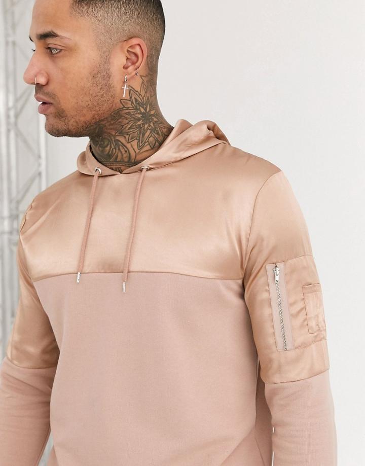Asos Design Hoodie With Satin Cut & Sew Details In Tonal Beige-white