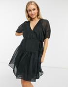 Moon River Puff Sleeve Organza Mini Dress-black