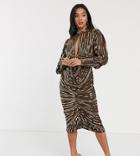 Asos Design Petite Long Sleeve Key Hole Midi Dress With Wrap Skirt-multi