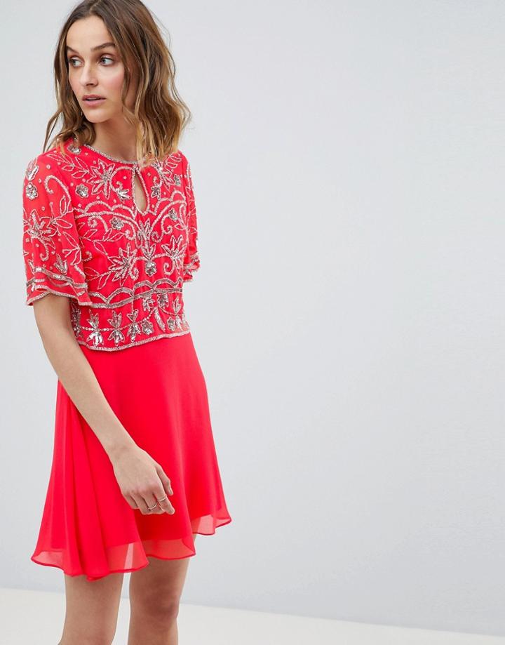 Frock And Frill Embellished Top 2 In 1 Skater Dress-pink