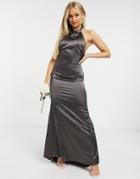 Tfnc Bridesmaid Satin Halterneck Fishtail Maxi Dress In Gray-brown