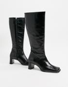 Asos Design Cali Premium Leather Heeled Knee Boots In Black