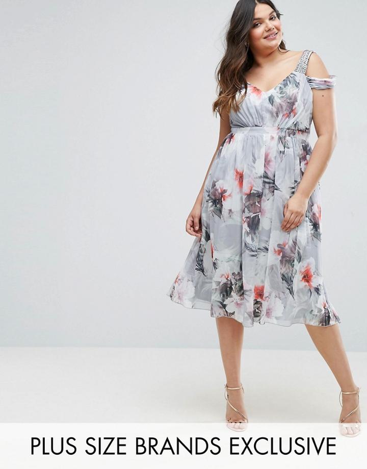 Little Mistress Plus Cold Shoulder Midi Dress In Floral Print - Multi