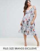 Little Mistress Plus Cold Shoulder Midi Dress In Floral Print - Multi