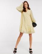 Y.a.s Mini Smock Dress With Frill Sleeve Detail In Black Spot-yellow