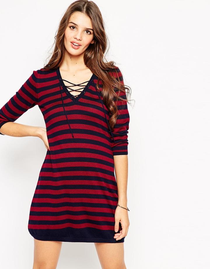 Asos A Line Dress In Knit In Stripe With Lace Up Detail - Multi