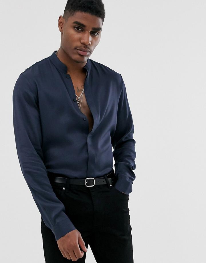 Asos Design Regular Fit Satin Shirt With Stand Collar In Navy - Navy