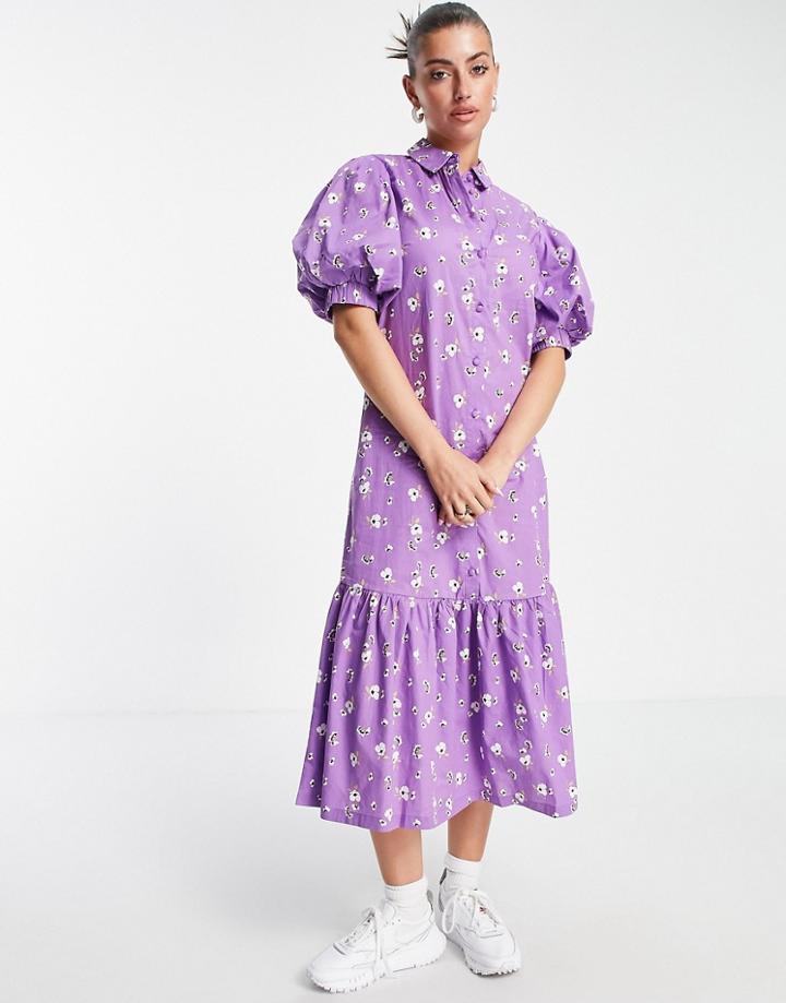 Vila Midi Shirt Dress With Puff Ball Sleeves In Floral Print-purple