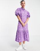 Vila Midi Shirt Dress With Puff Ball Sleeves In Floral Print-purple