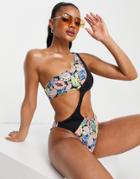 Asos Design One Shoulder Cut Out Swimsuit In Block Fruit Print-multi