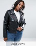 Asos Curve Ultimate Leather Look Biker Jacket With Pin Badge Detail - Black