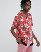 Asos Design Regular Fit Floral Shirt With Velvet Tape Detail In Red - Red
