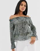 Asos Design Shirred Bardot Top In Snake Print