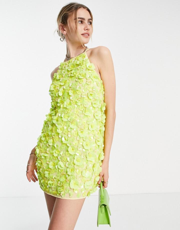 Asos Edition Backless Mini Dress In 3d Embellished Floral In Neon Yellow