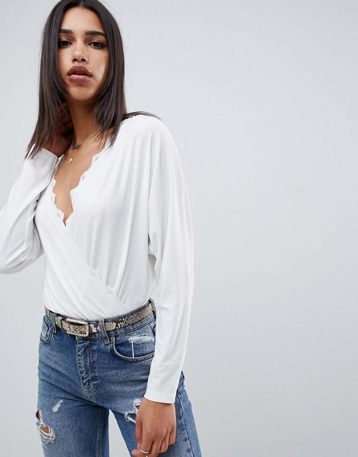 Asos Design Daywear Kimono Wrap Body With Lace Trim - Cream