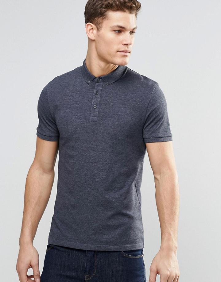 Asos Polo In Pique With Button Down Collar In Navy Marl - Navy Marl