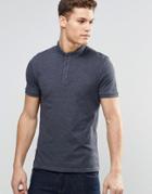 Asos Polo In Pique With Button Down Collar In Navy Marl - Navy Marl
