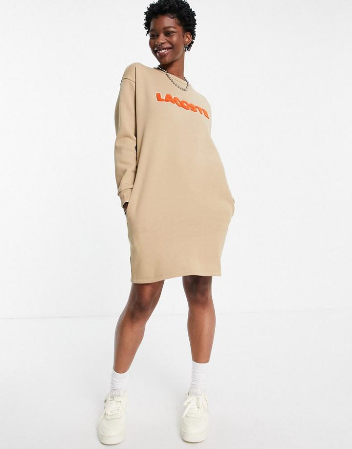 Lacoste High Neck Logo Sweater Dress In Beige-neutral