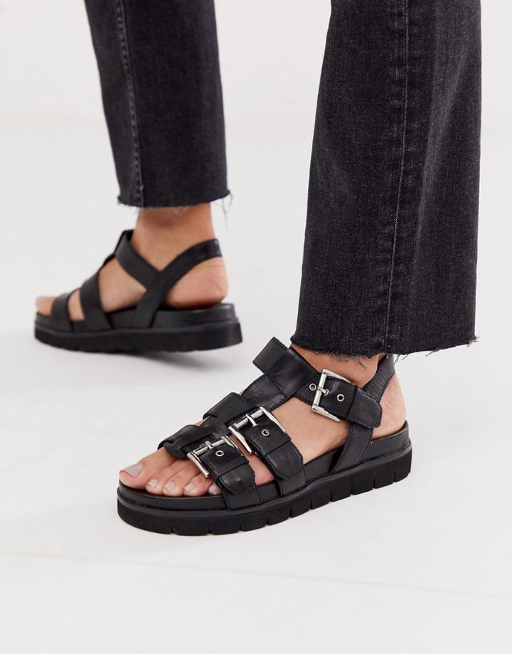 Office Sabrina Black Leather Flat Buckle Sandals - Black
