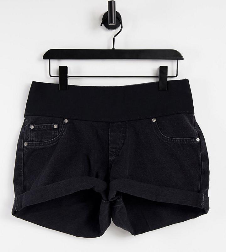 Asos Design Maternity Denim High Rise 'slouchy' Mom Shorts In Washed Black