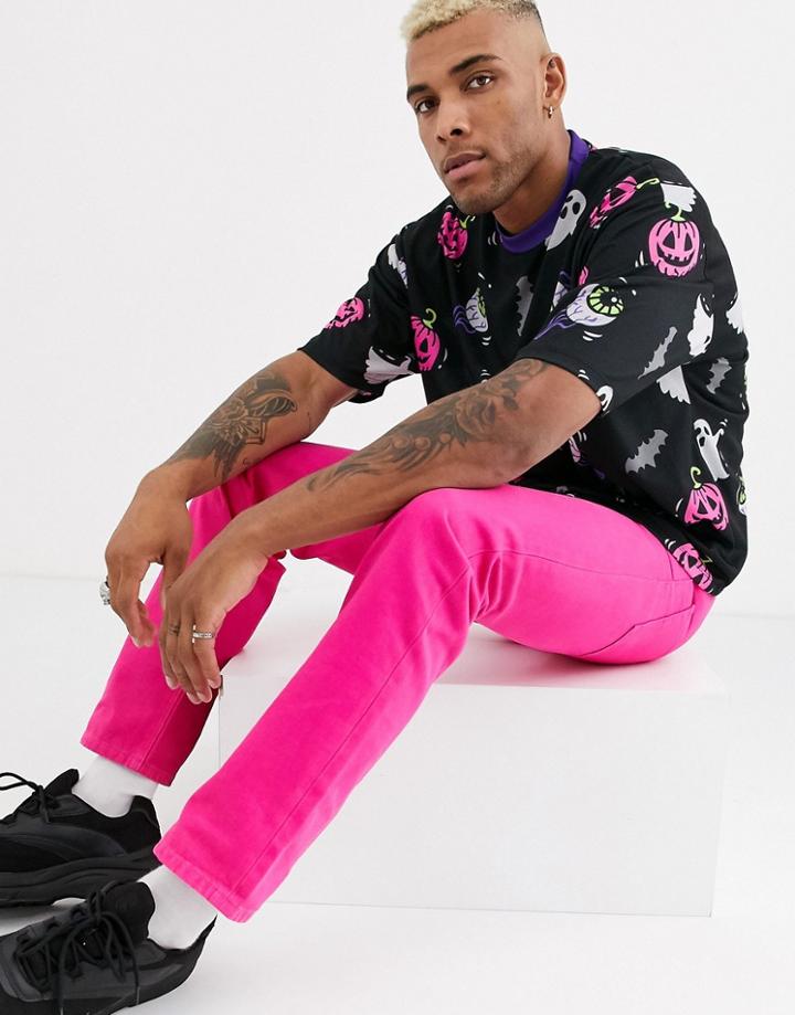 Asos Design Halloween Oversized T-shirt With All Over Ghost And Pumpkin Print-black